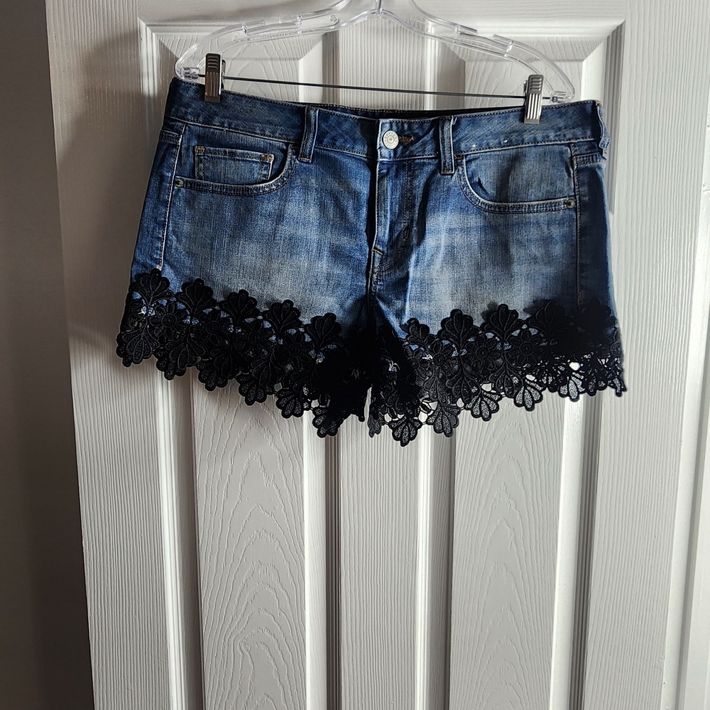 Express Blue Jean Shorts with Black Lace Trim